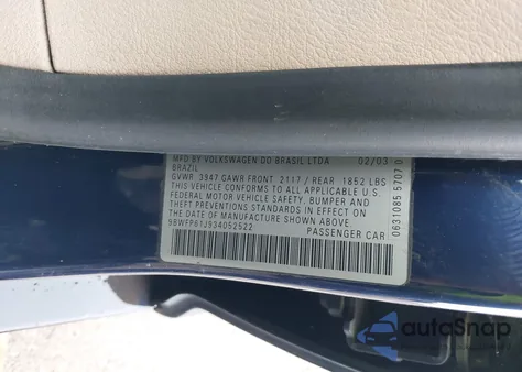 2003 Volkswagen Golf Gl Tdi from USA, damaged, VIN 9BWFP61J934052522